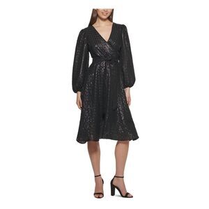 NWT KENSIE DRESSES Womens Black Belted Long Sleeve Fit + Flare Dress 0